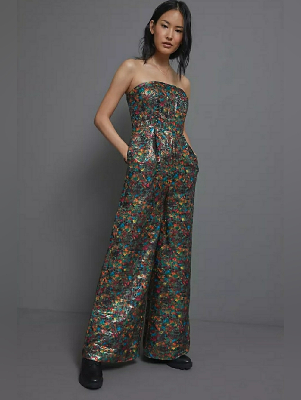 Mauve Strapless Metallic Floral Jumpsuit - Multicolor